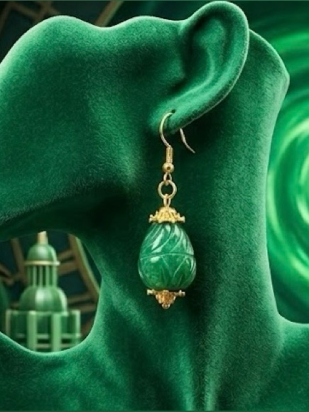 Artisan Carved Mineral Grade Emeralds with Gold-tone Bead Caps Drop Earrings
